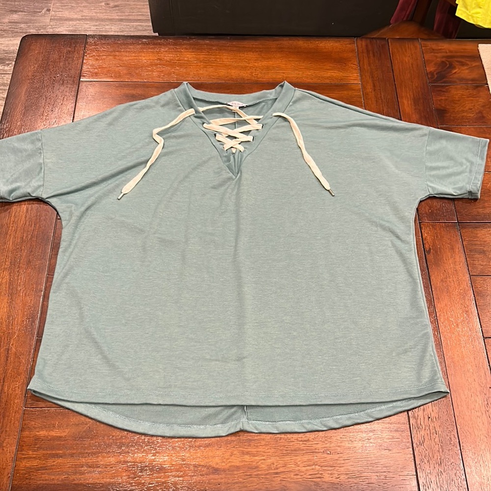 Dusty teal crisscross laced v neck loose fit drop sleeve teeshirt